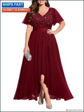 Sequin Lace V-Neck High-Low Formal Evening Dress Ruffle Sleeve